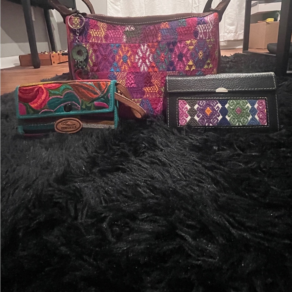 Set 1 Colorful Embroidered Women's Bag and 2 wallets 100 % Leather